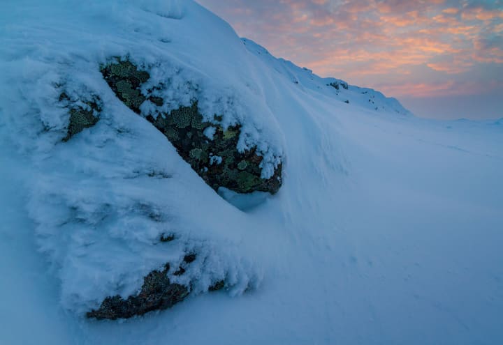 Blaue Stunde über schneeverkrusteten Felsen auf dem Lommoltunturi im Nationalpark Pallas-Yllästunturi