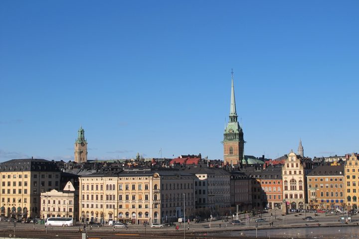 Gamla Stan waterfront and church towers in Stockholm photographed in March 2013